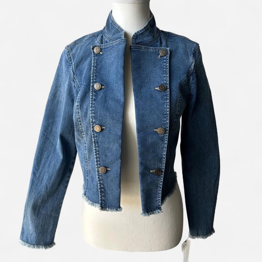 NWT Tommy Hilfiger Crop Denim Jacket Military Moto Raw Hem | Size: Small (S/P)